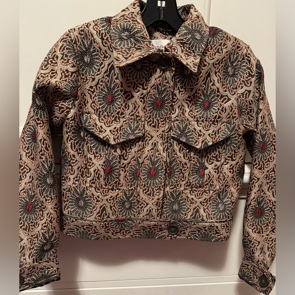 Sunday Best jacket (Aritzia). Dark red and gold.